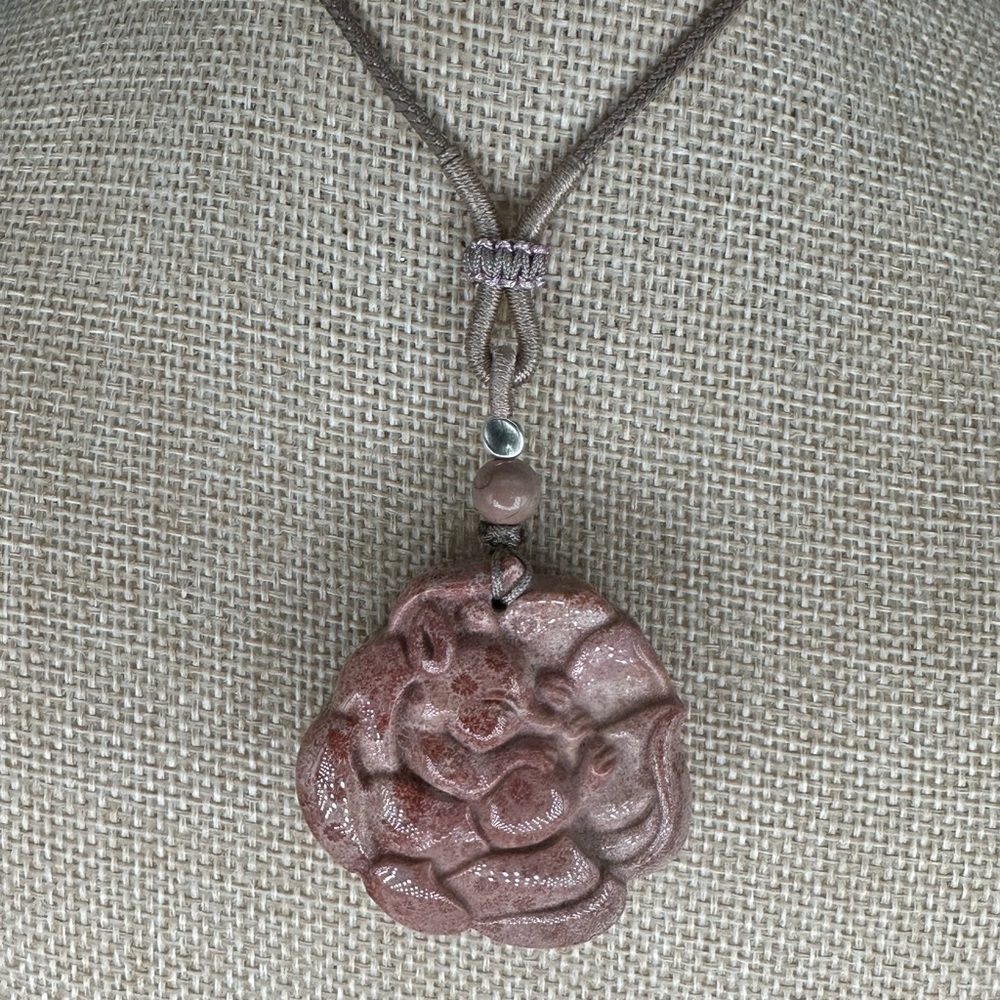Pink Coral Fossil Sleeping Nine Tail Fox Pendant Necklace; Adjustable Rope - Picture 2 of 16